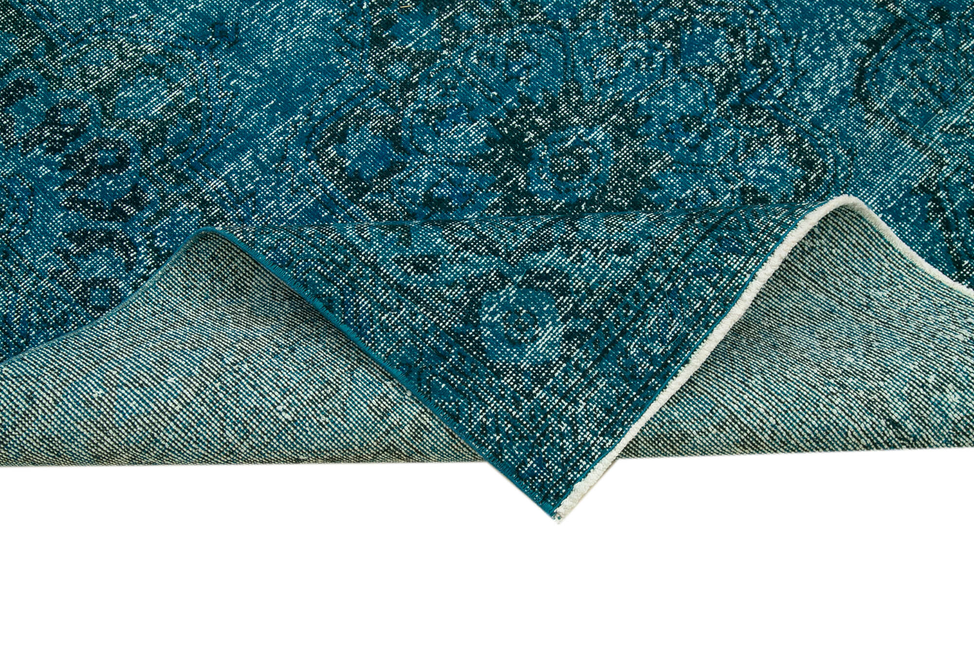 Vintage Wool Area Rug – Handmade Cotton Rug with Turquoise Wool Carpet, Soft Floor Covering 4'6'' x 14'0''