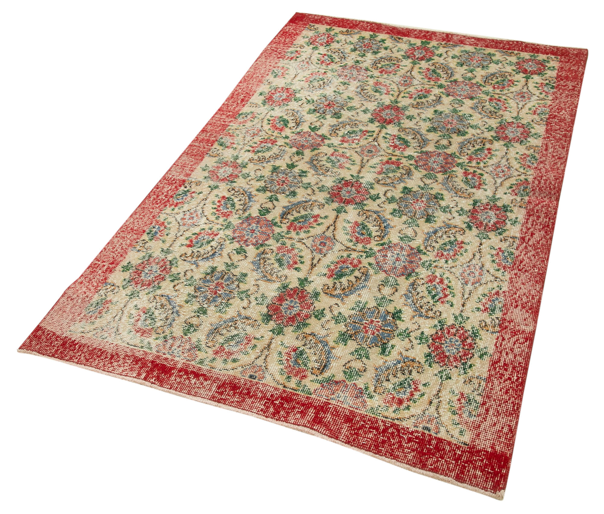 Vintage Cotton Wool Rug - Handmade Checkered Beige Carpet 3'9'' x 6'6'' | Turkish Woven Rug