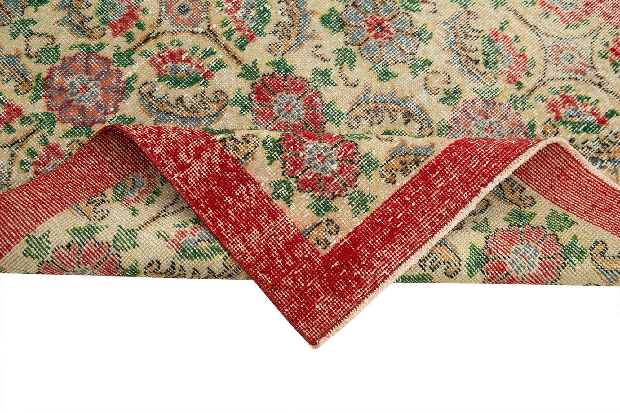 Vintage Cotton Wool Rug - Handmade Checkered Beige Carpet 3'9'' x 6'6'' | Turkish Woven Rug