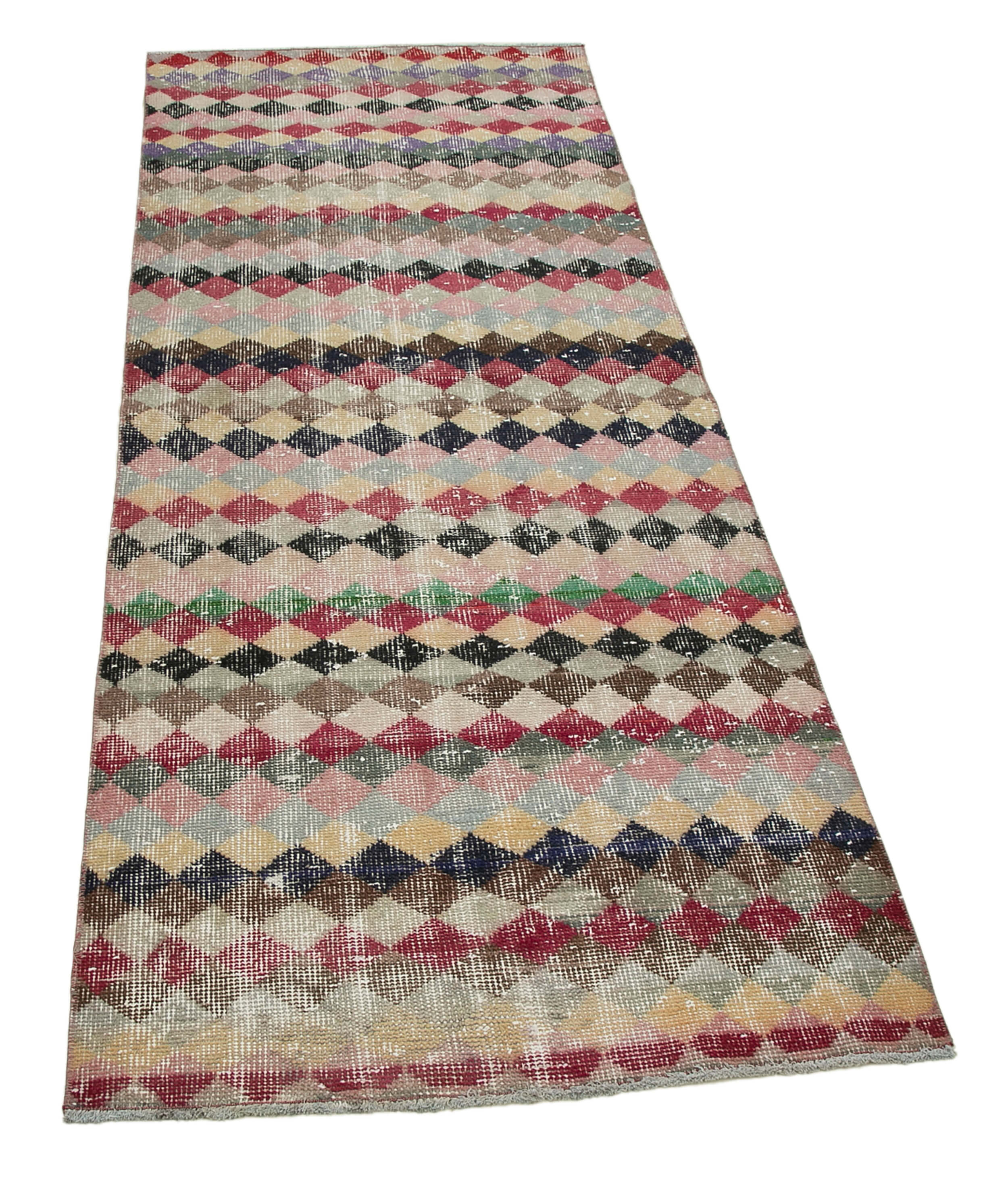 Handmade Area Rug - Checkered Runner Rug Cotton Wool 2'7''x6'11'' Durable Geometric Floor Runner