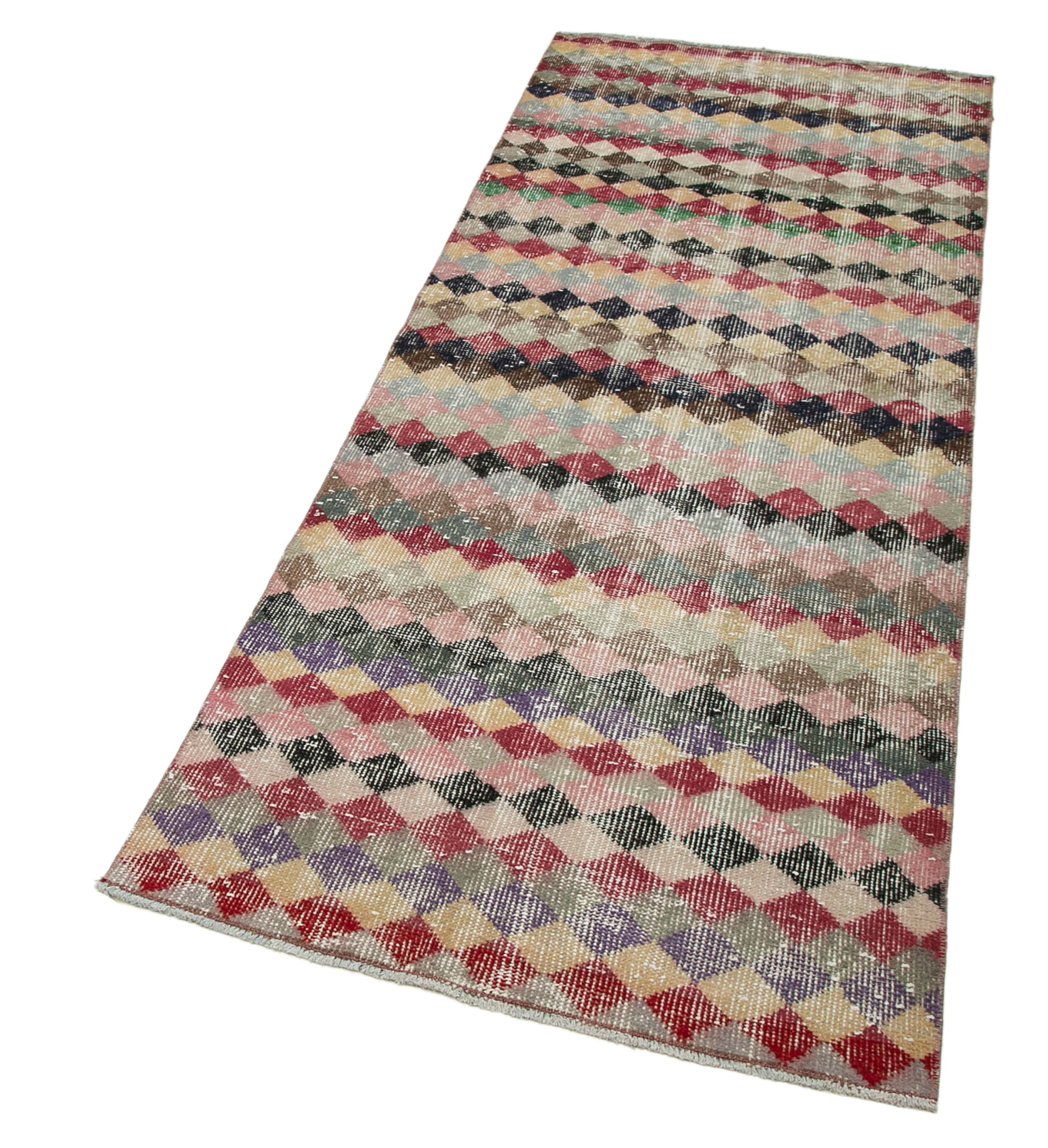 Handmade Area Rug - Checkered Runner Rug Cotton Wool 2'7''x6'11'' Durable Geometric Floor Runner