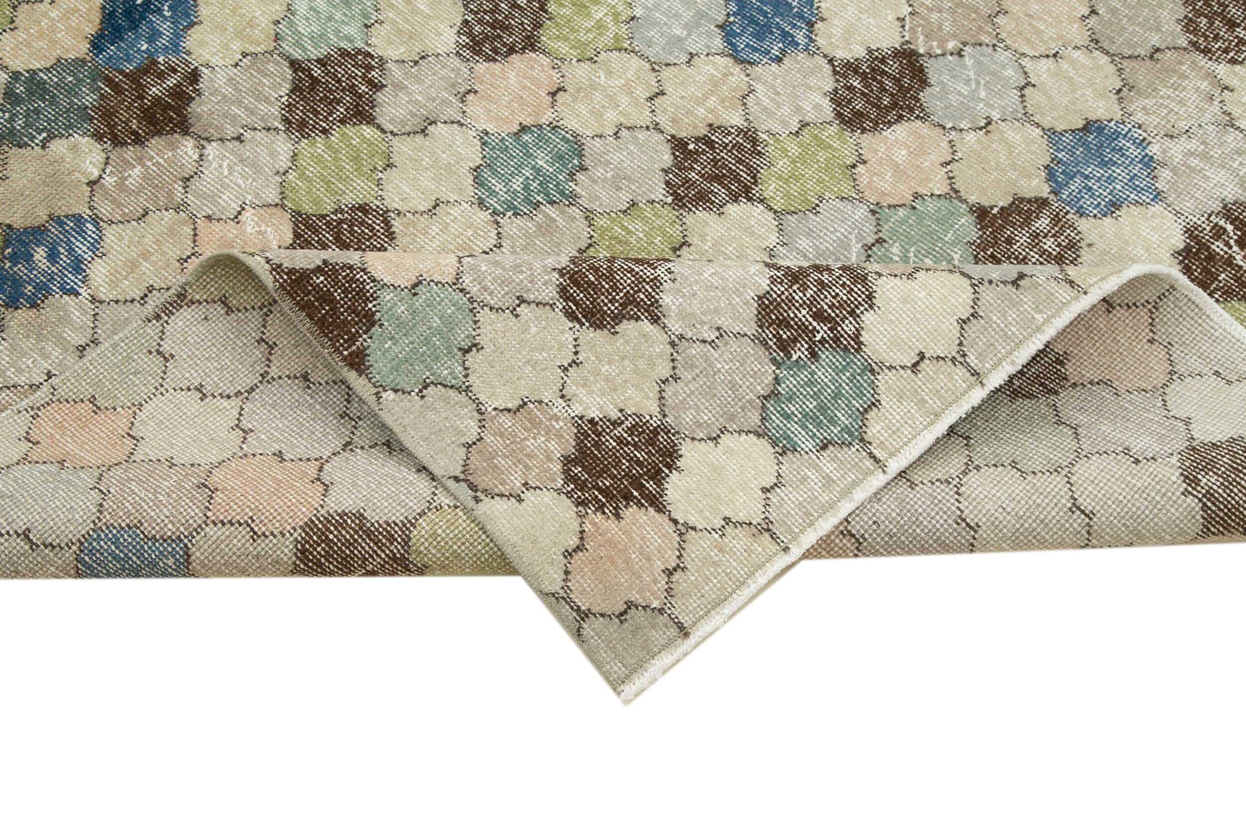 Handmade Area Rug - Checkered Kilim Beige Cotton Wool Rug 4'9" x 9'4"