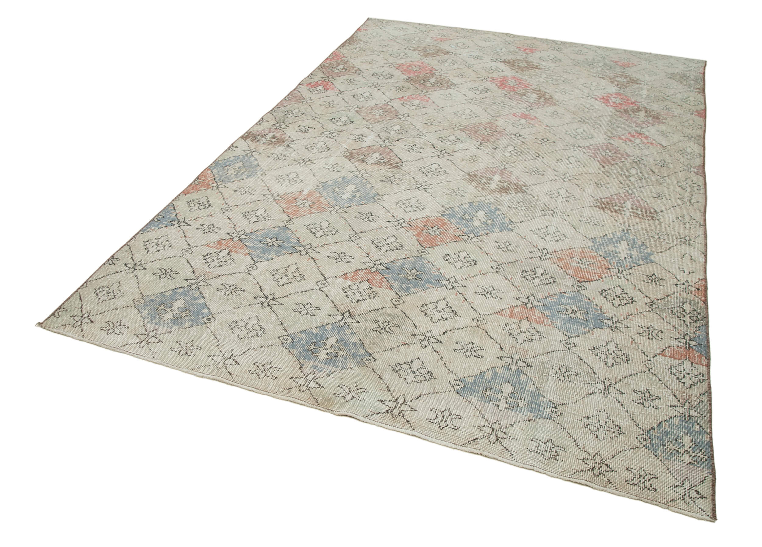 Handmade Area Rug - Checkered Kilim Beige Cotton Wool Vintage Carpet 5'11''x9'2''