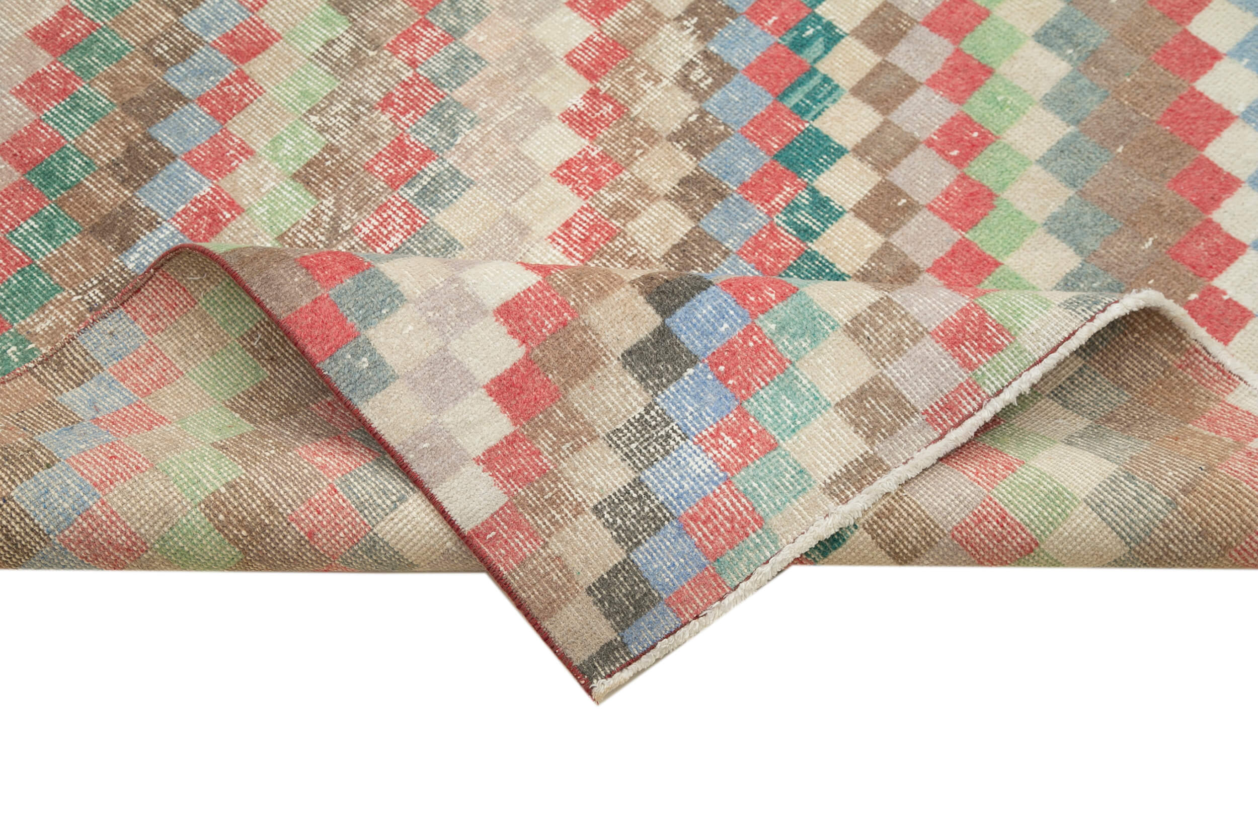 Handmade Cotton Wool Rug - Checkered Kilim Pattern, Vintage Turkish Area Rug 5'x9'5"