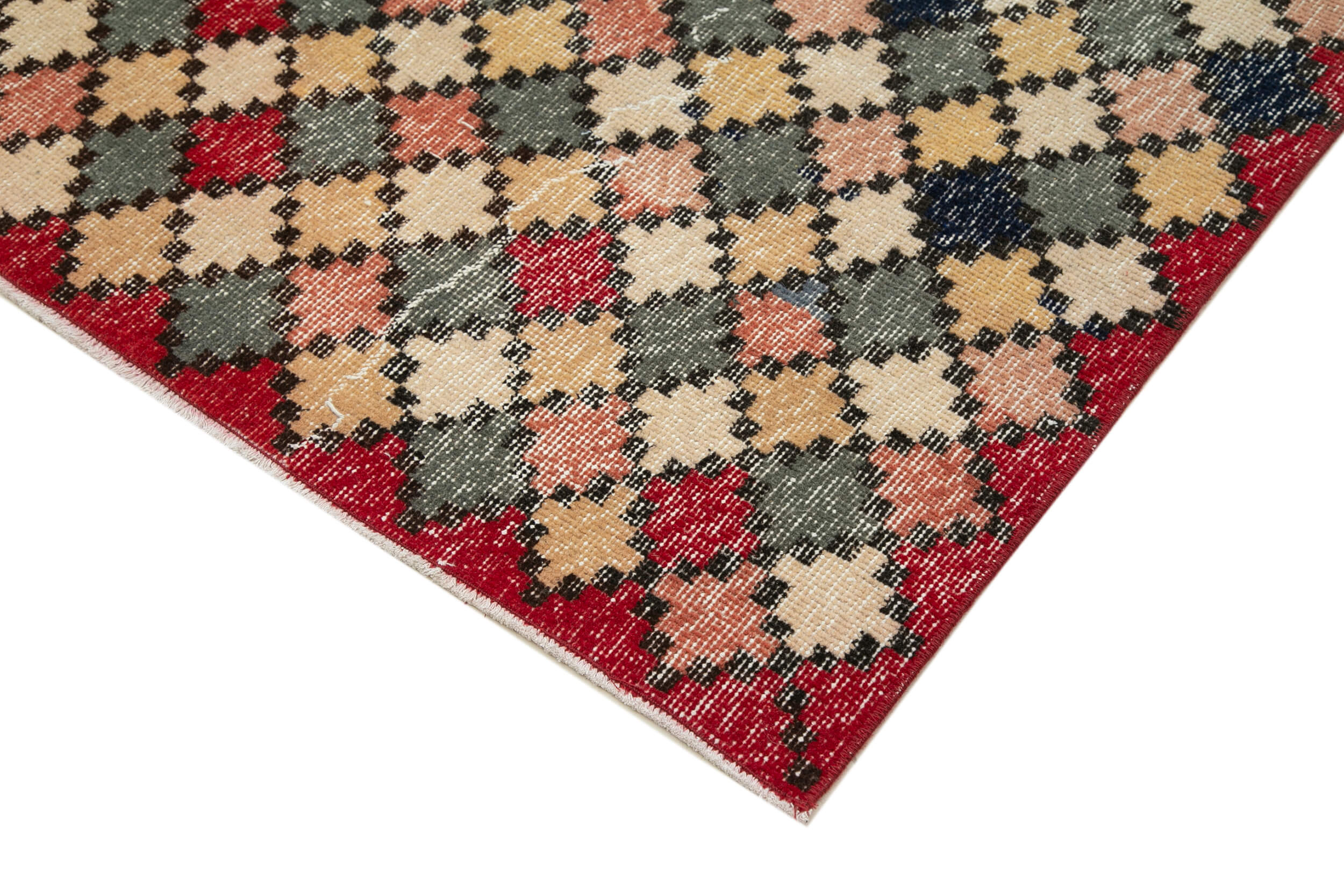 Handmade Cotton Wool Rug – Checkered Wool Rug, Vintage Turkish Kilim Carpet 5'6''x10'