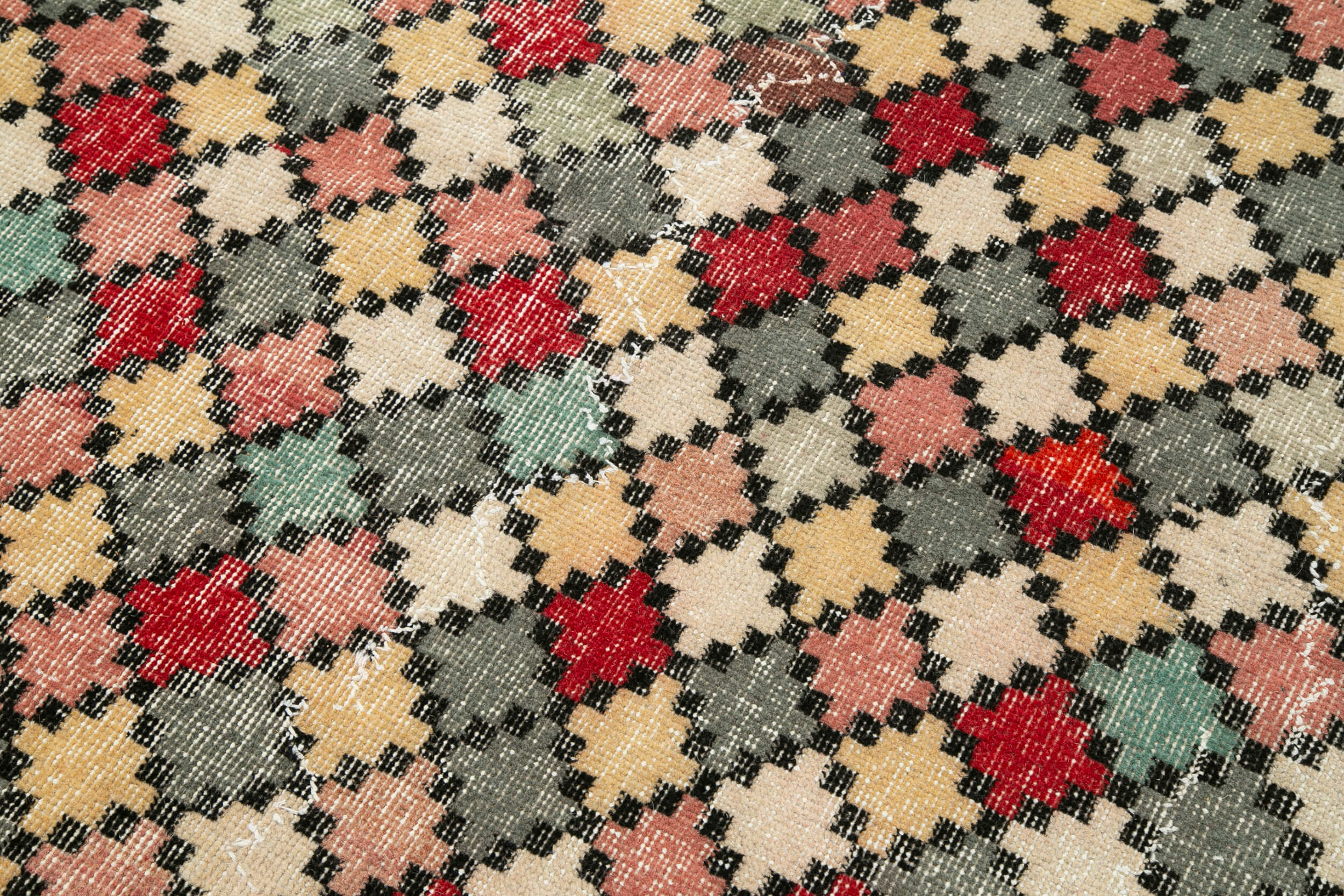 Handmade Cotton Wool Rug – Checkered Wool Rug, Vintage Turkish Kilim Carpet 5'6''x10'