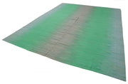 Handmade Cotton Wool Rug - Green Striped Kilim, Durable Wool Carpet, Eco Friendly Rug 12'x16'