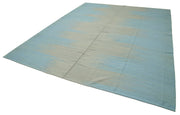 Handmade Area Rug - Blue Striped Kilim Cotton Wool Vintage Turkish Carpet 11'11" x 15'3"
