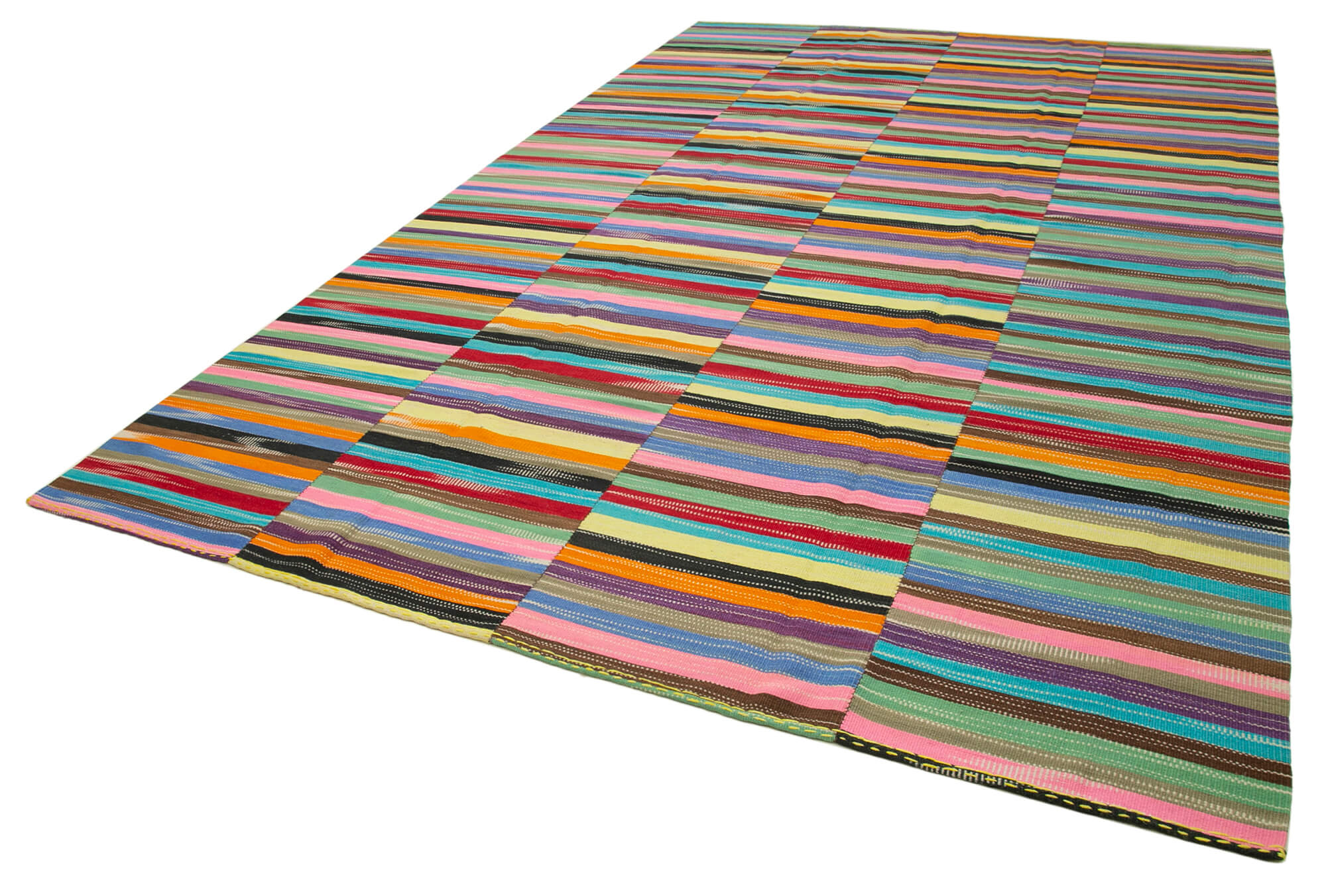 Handmade Cotton Wool Rug - White Striped Kilim, Durable Bohemian Style Area Carpet 9'0''x14'2''