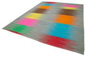 Handmade Cotton Wool Rug - White Kilim Striped Area Rug 9'9" x 13'4" Bohemian Style