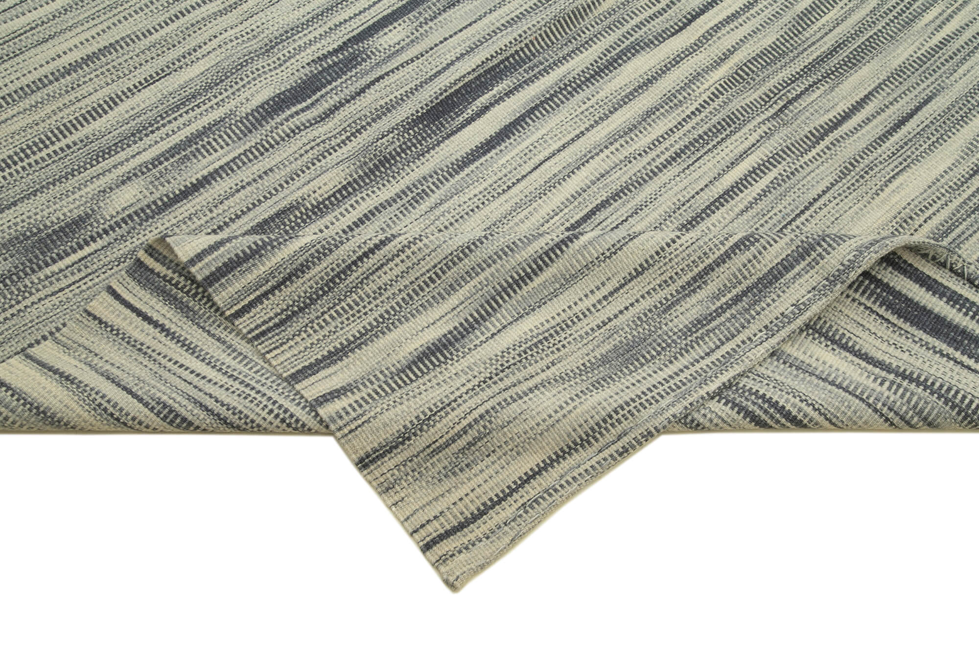 Handmade Area Rug – Grey Striped Kilim Cotton Wool Vintage Carpet 9'10"x12'8"