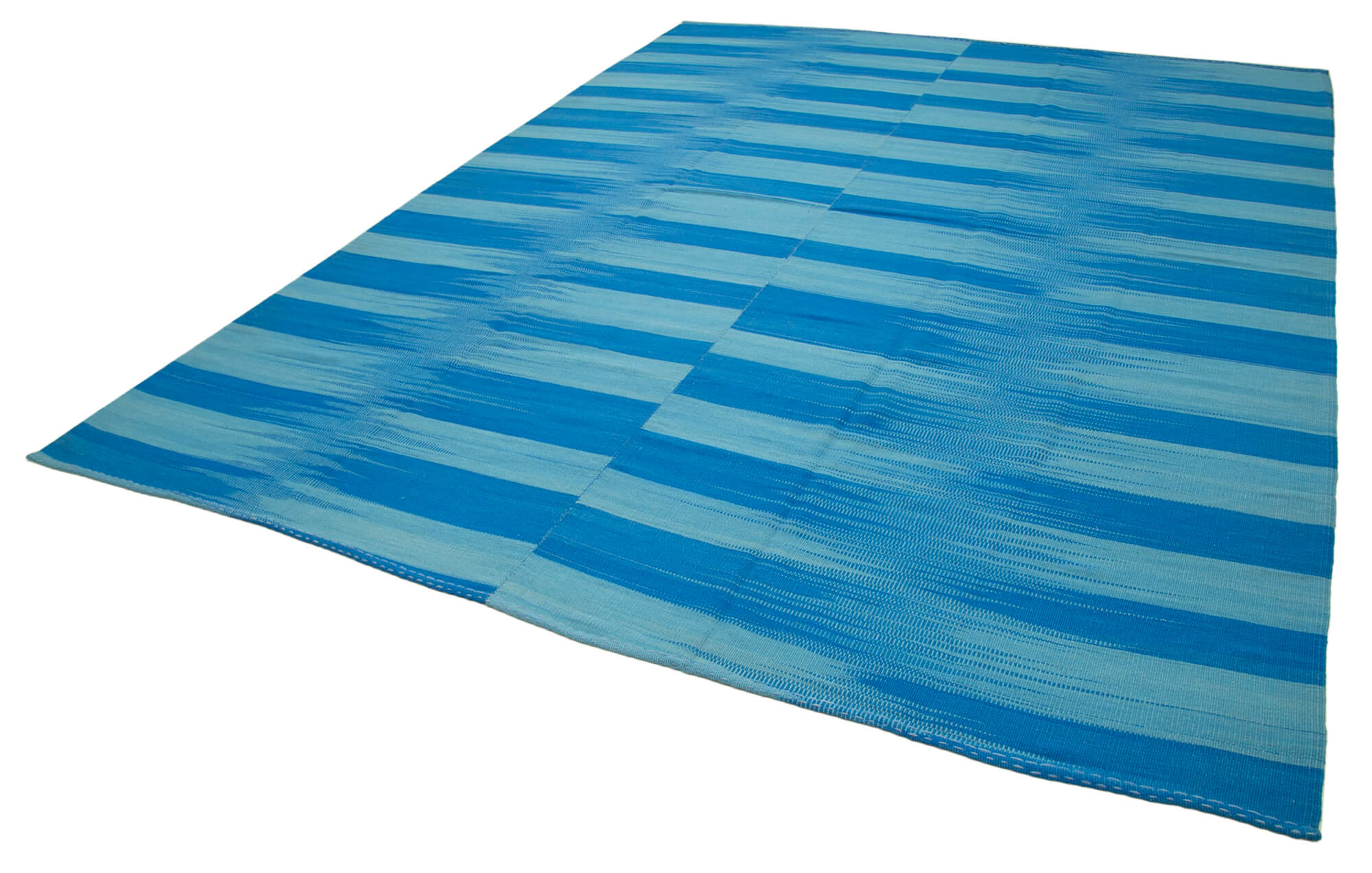 Handmade Area Rug - Blue Striped Kilim Cotton Wool Carpet 9'11''x12'10''