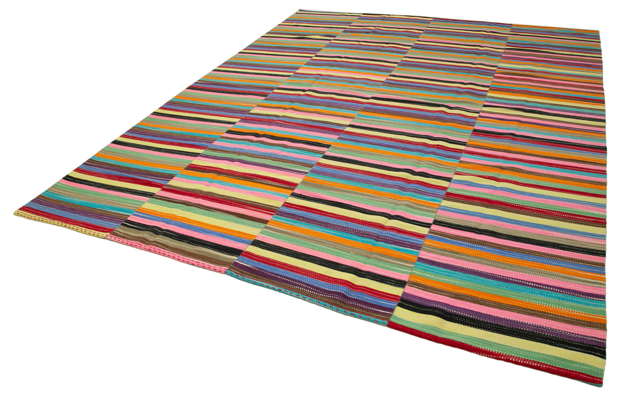 Handmade Cotton Wool Rug – White Wool Kilim Striped Area Rug 9'9''x12'9''