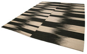 Handmade Cotton Wool Rug - Black Striped Vintage Kilim Carpet | Durable Area Rug 9'9''x11'11''