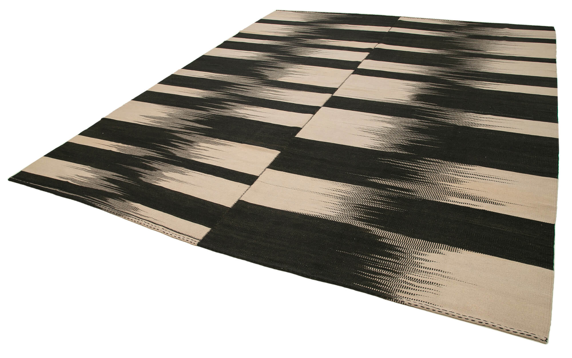 Handmade Cotton Wool Rug - Black Striped Vintage Kilim Carpet | Durable Area Rug 9'9''x11'11''