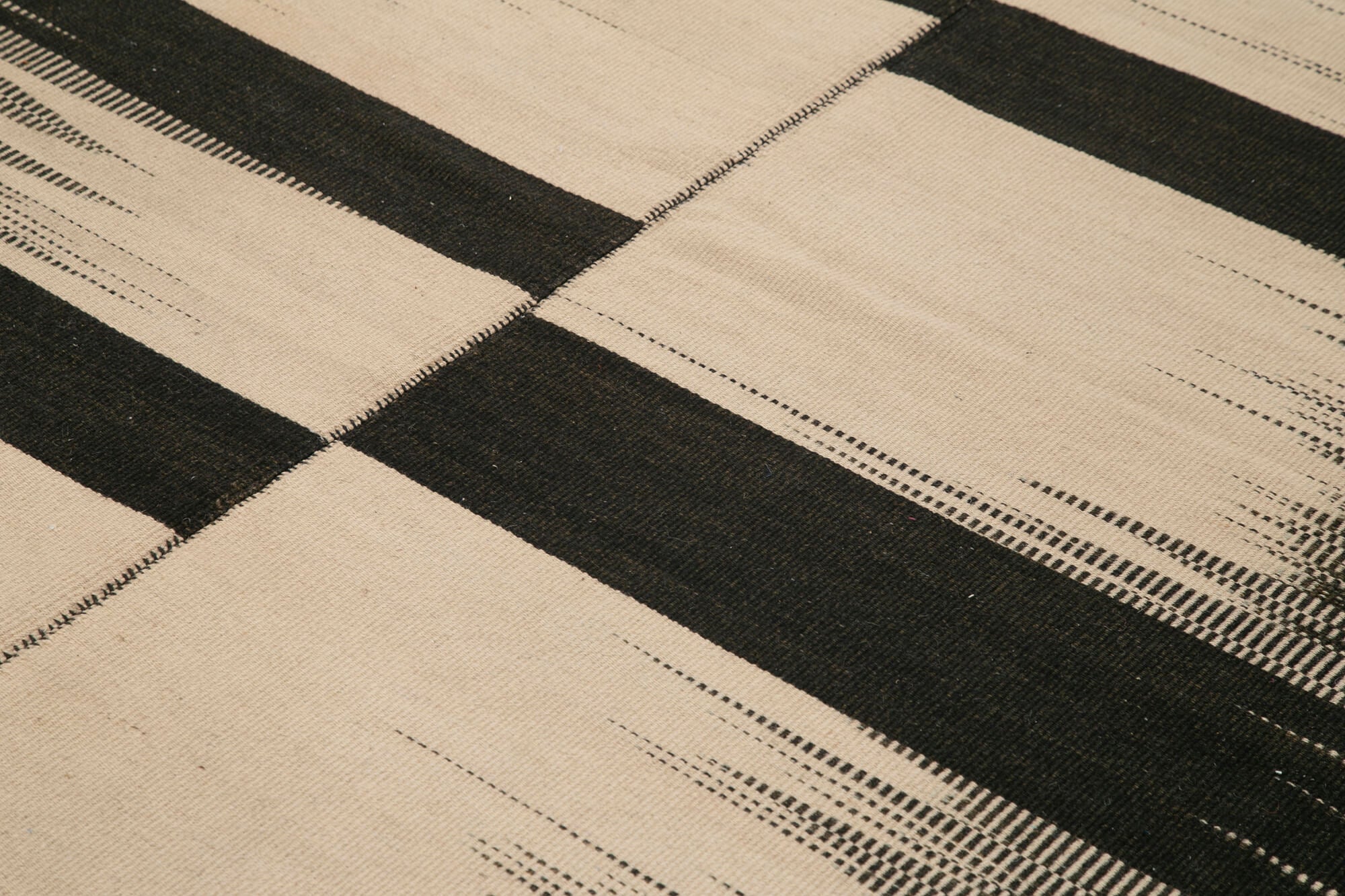 Handmade Cotton Wool Rug - Black Striped Vintage Kilim Carpet | Durable Area Rug 9'9''x11'11''