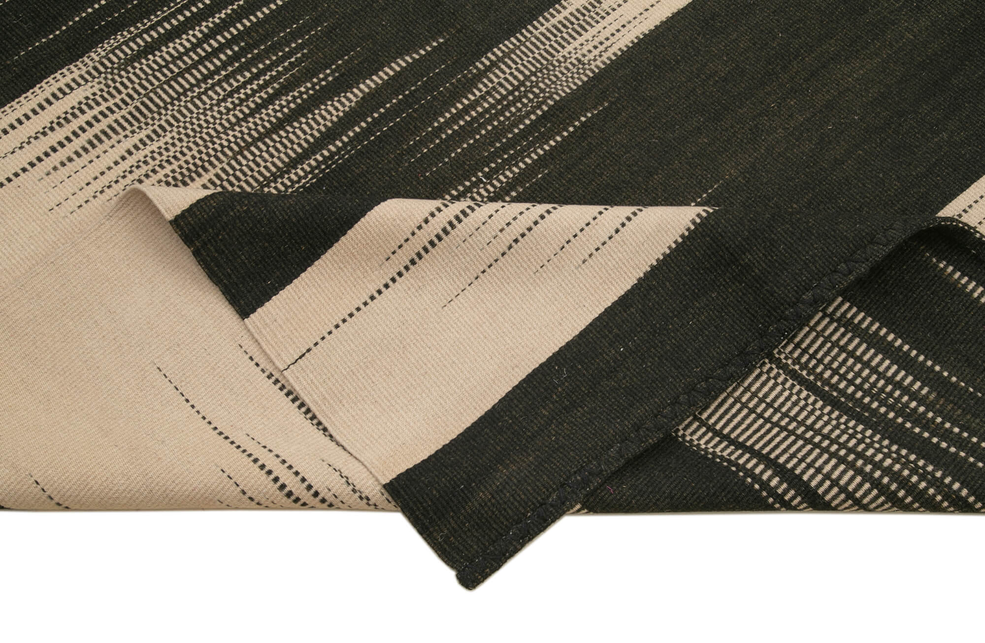 Handmade Cotton Wool Rug - Black Striped Vintage Kilim Carpet | Durable Area Rug 9'9''x11'11''