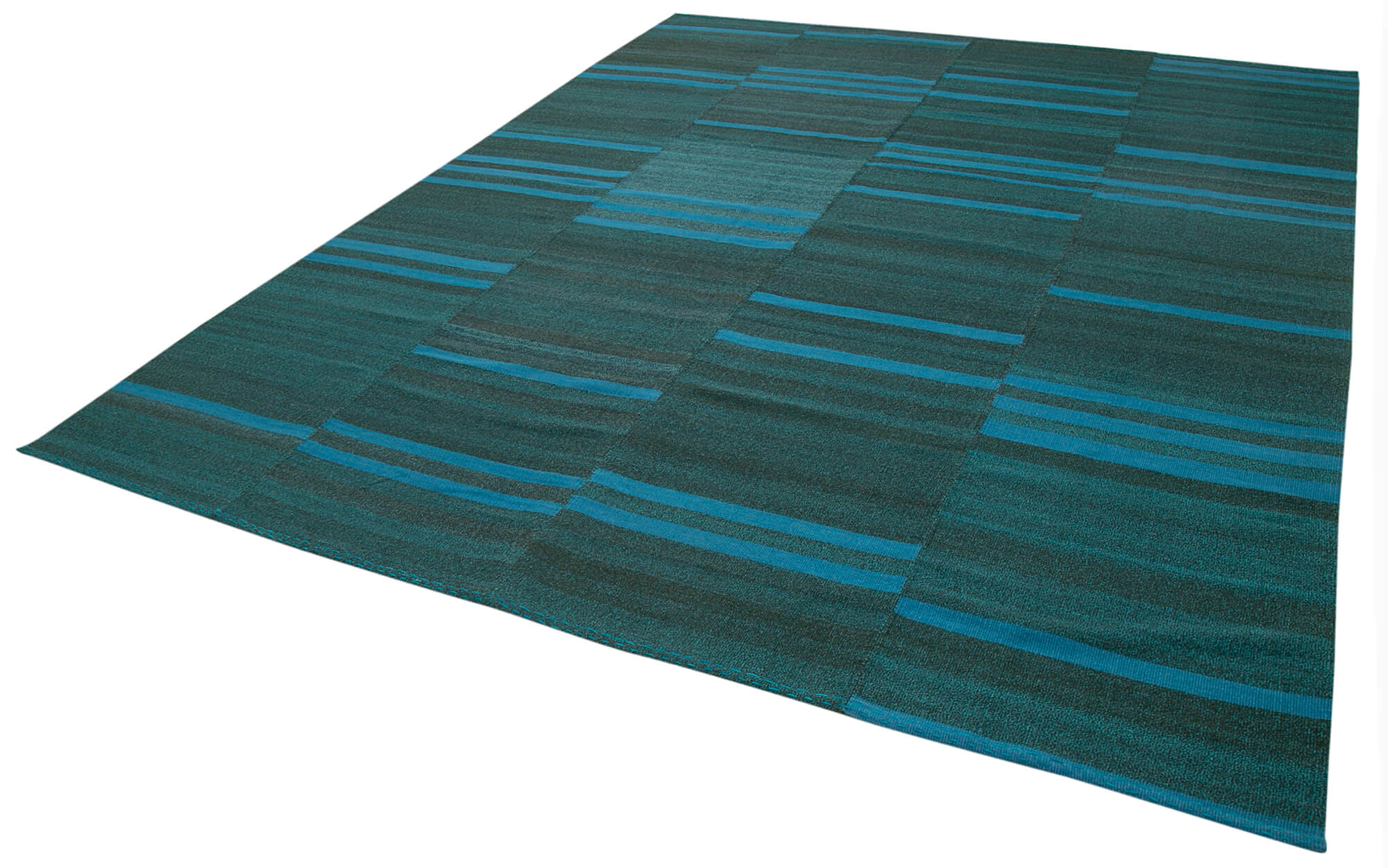 Handmade Cotton Wool Rug – Turquoise Striped Vintage Kilim Carpet 9'6" x 11'7"