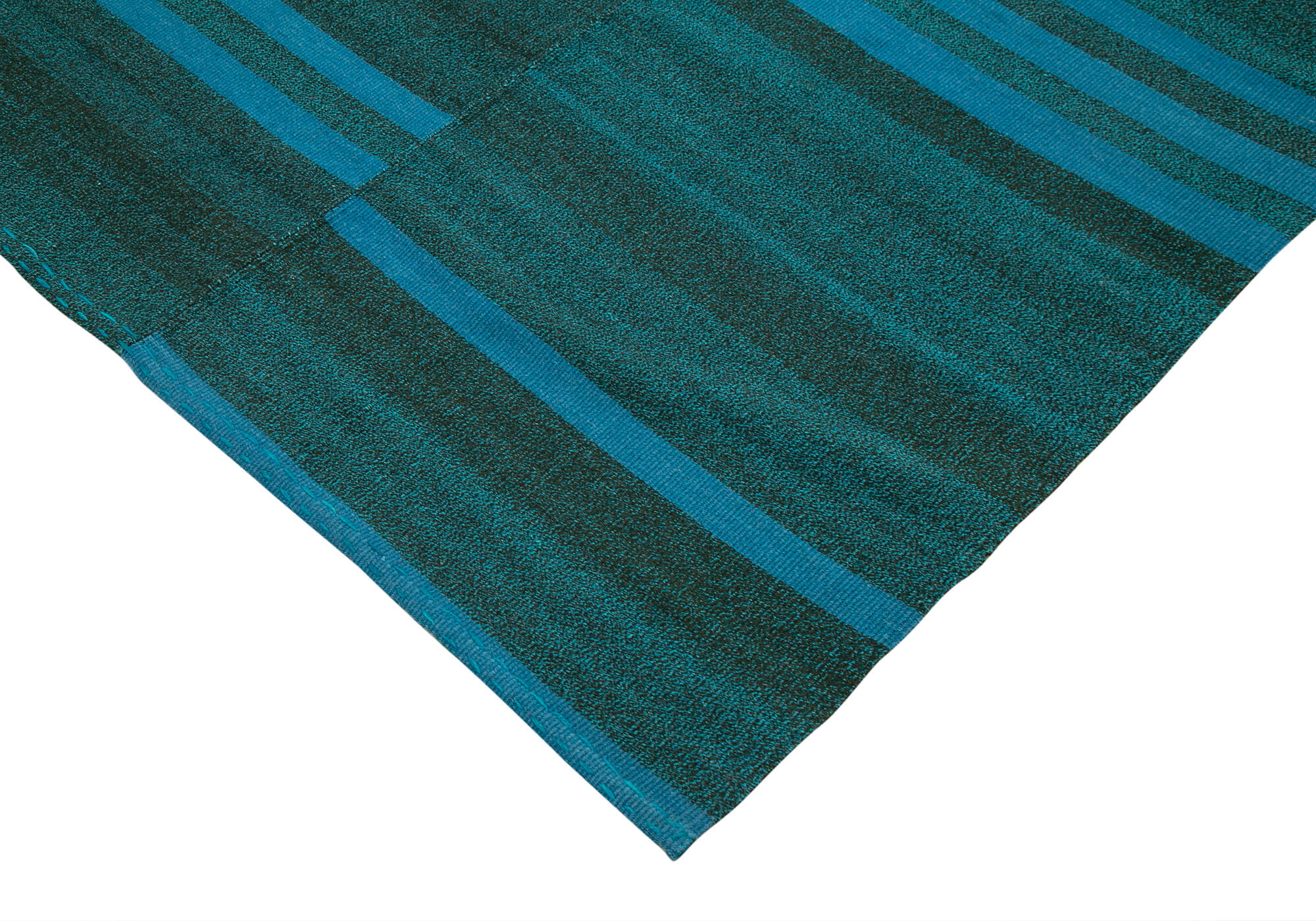 Handmade Cotton Wool Rug – Turquoise Striped Vintage Kilim Carpet 9'6" x 11'7"