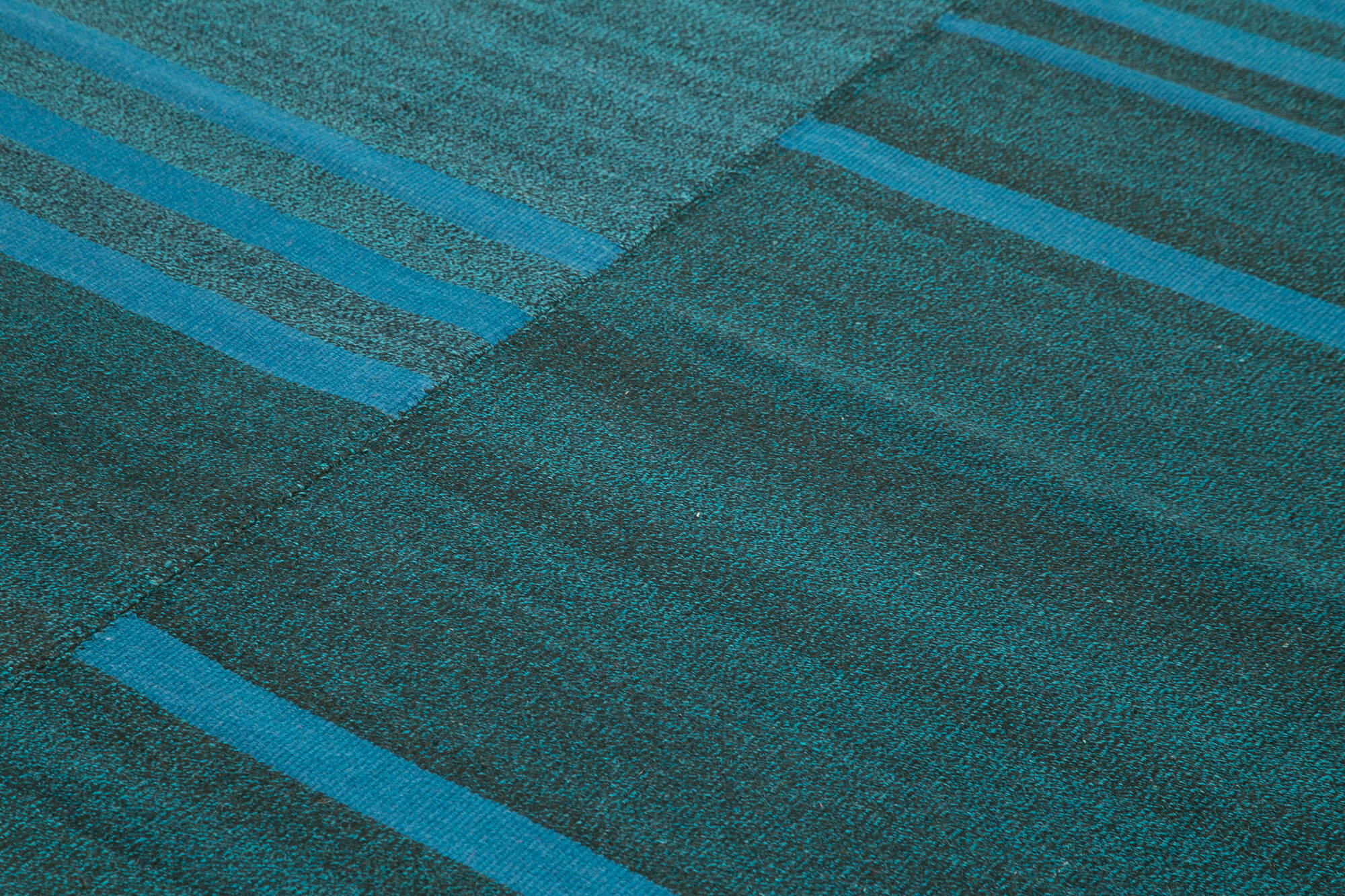 Handmade Cotton Wool Rug – Turquoise Striped Vintage Kilim Carpet 9'6" x 11'7"
