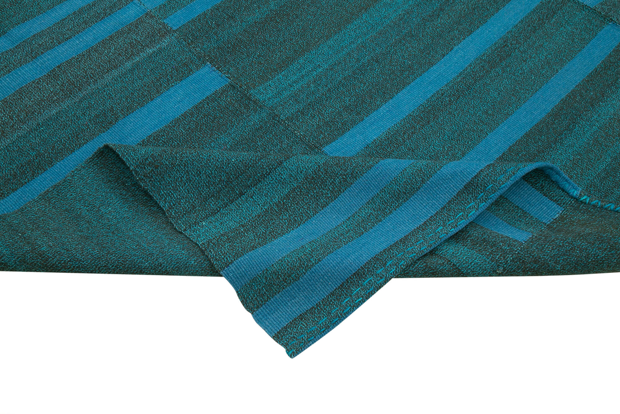 Handmade Cotton Wool Rug – Turquoise Striped Vintage Kilim Carpet 9'6" x 11'7"