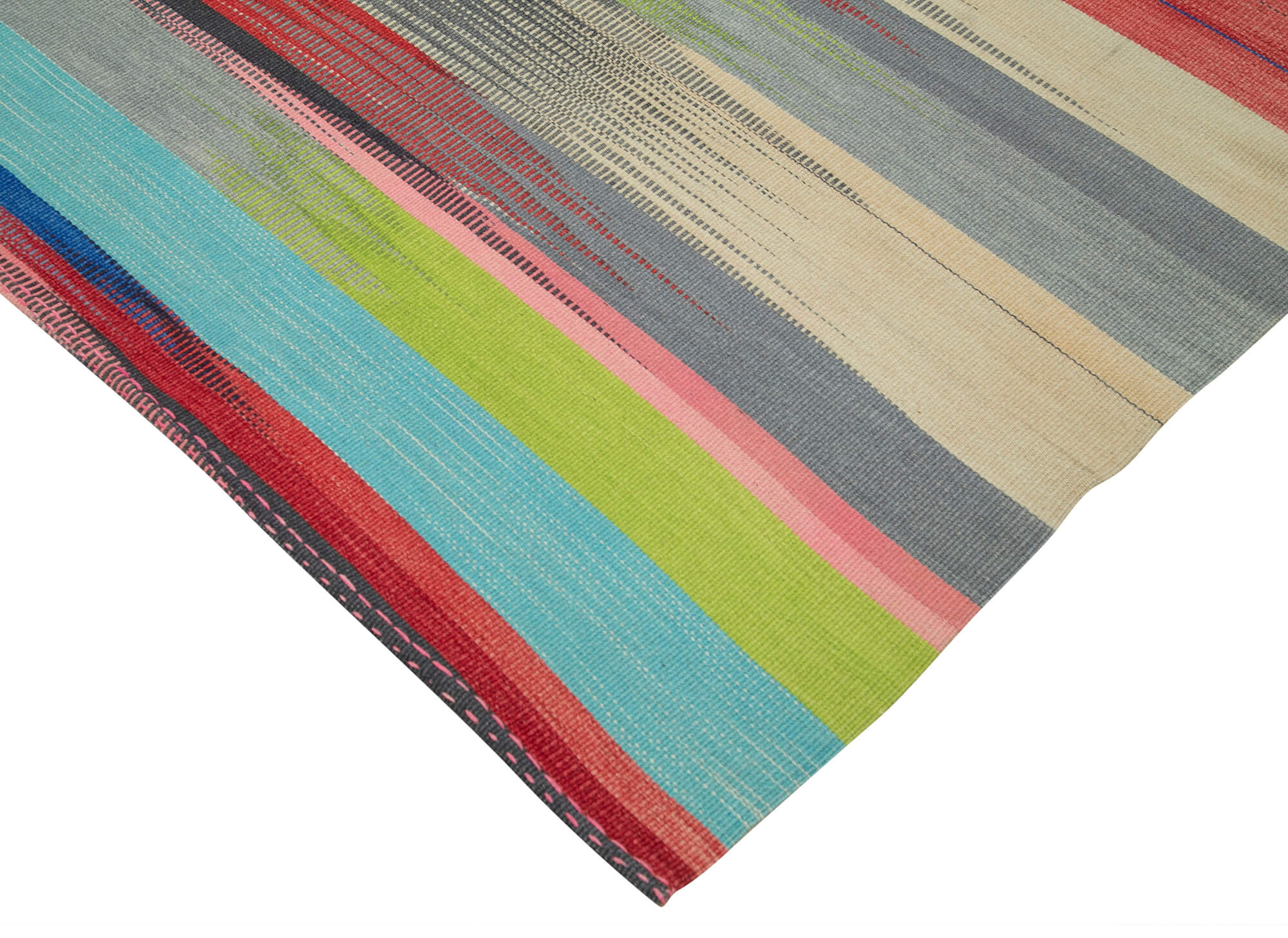 Handmade Cotton Wool Rug - White Striped Vintage Kilim 9'9" x 11'10" Area Rug
