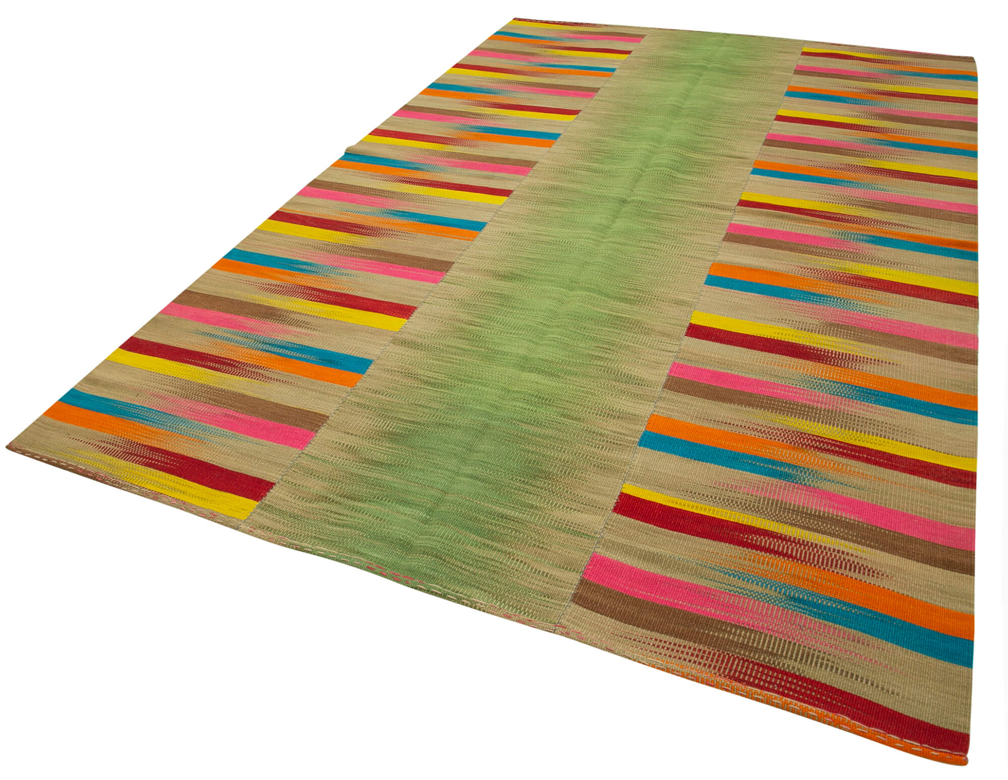Handmade Cotton Wool Rug - White Striped Turkish Vintage Carpet 6'11"x10'11"