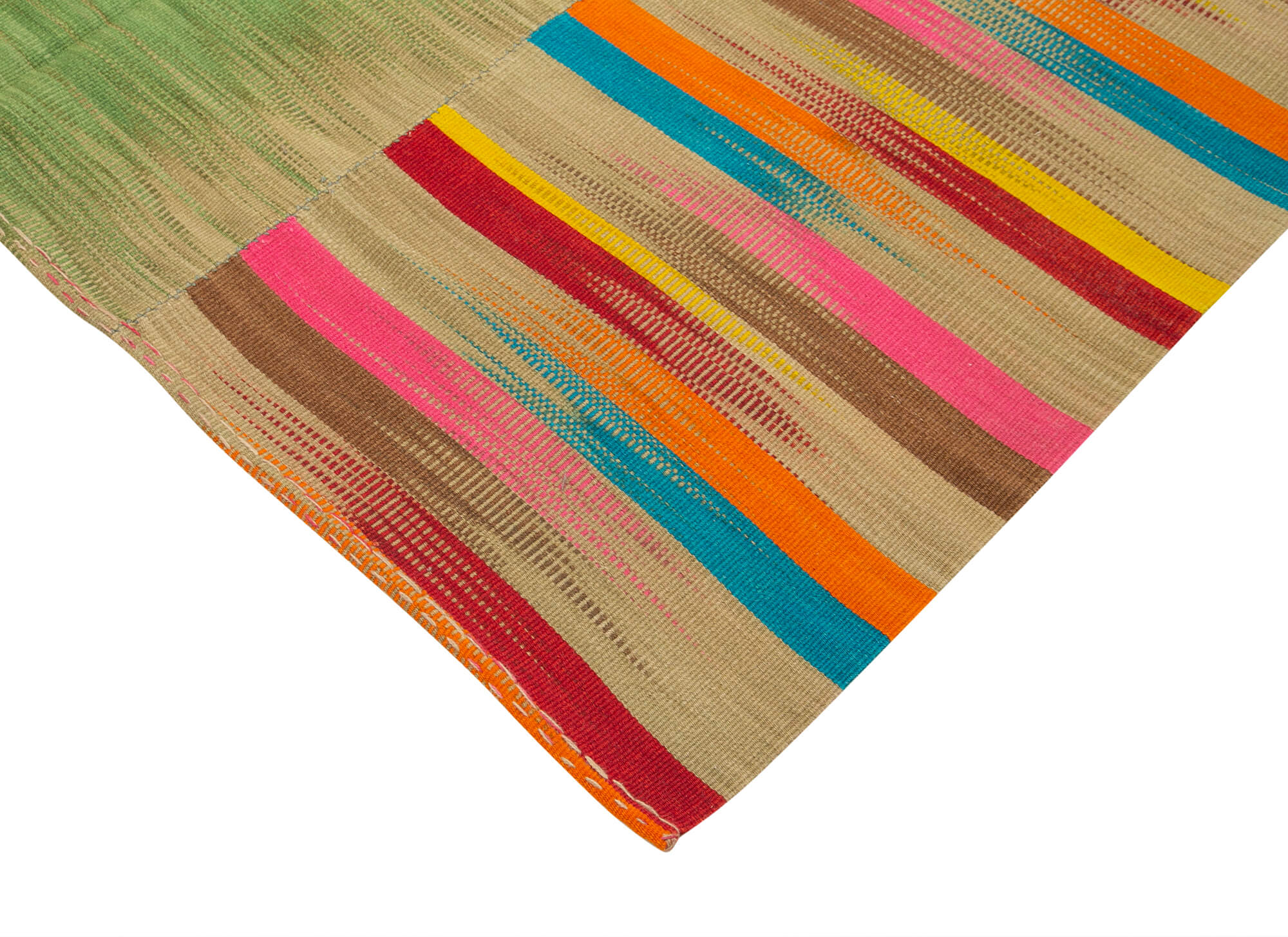 Handmade Cotton Wool Rug - White Striped Turkish Vintage Carpet 6'11"x10'11"