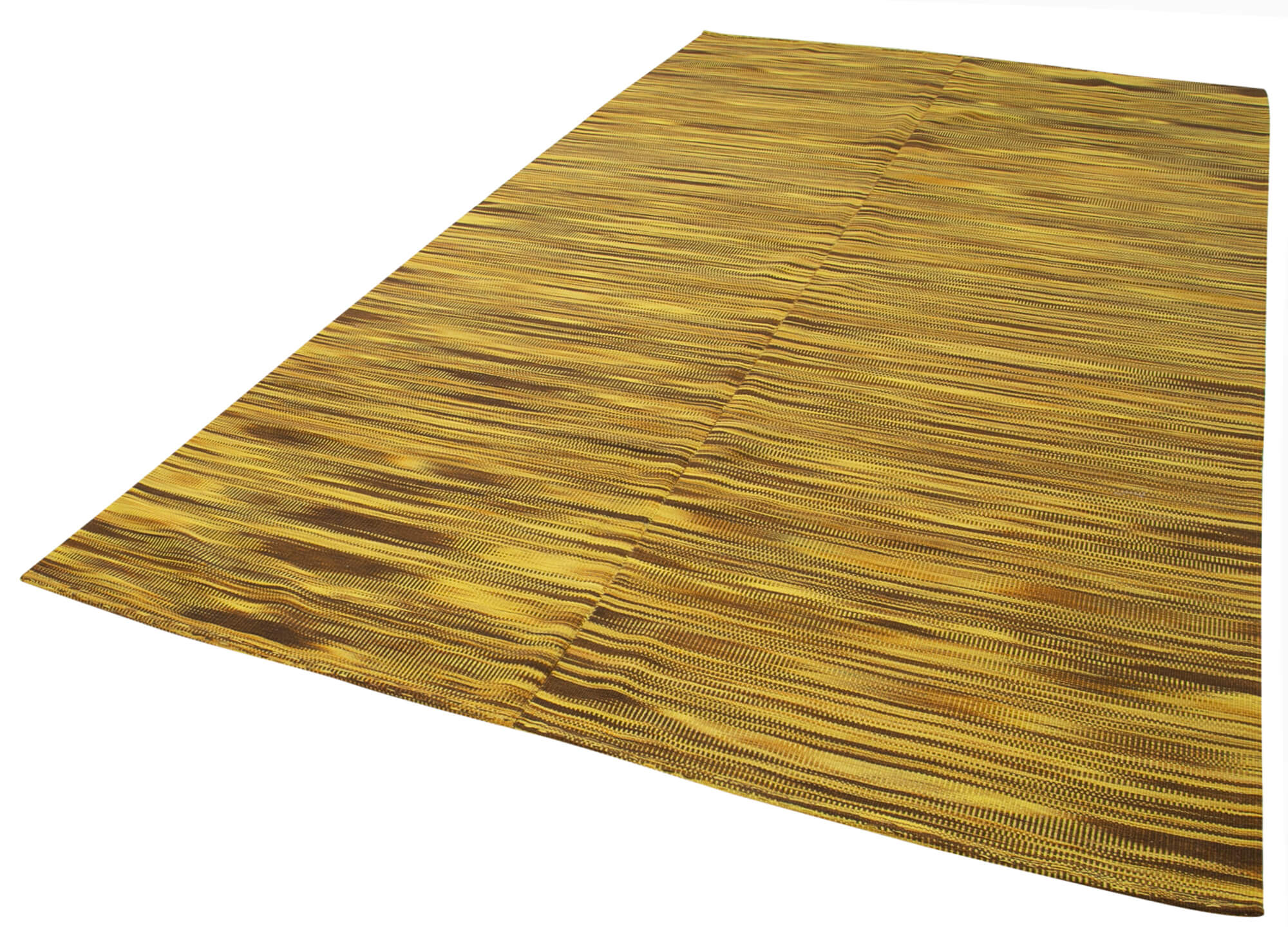 Handmade Cotton Wool Rug – Yellow Striped Kilim, Vintage Turkish Carpet, 6'11''x12'1''