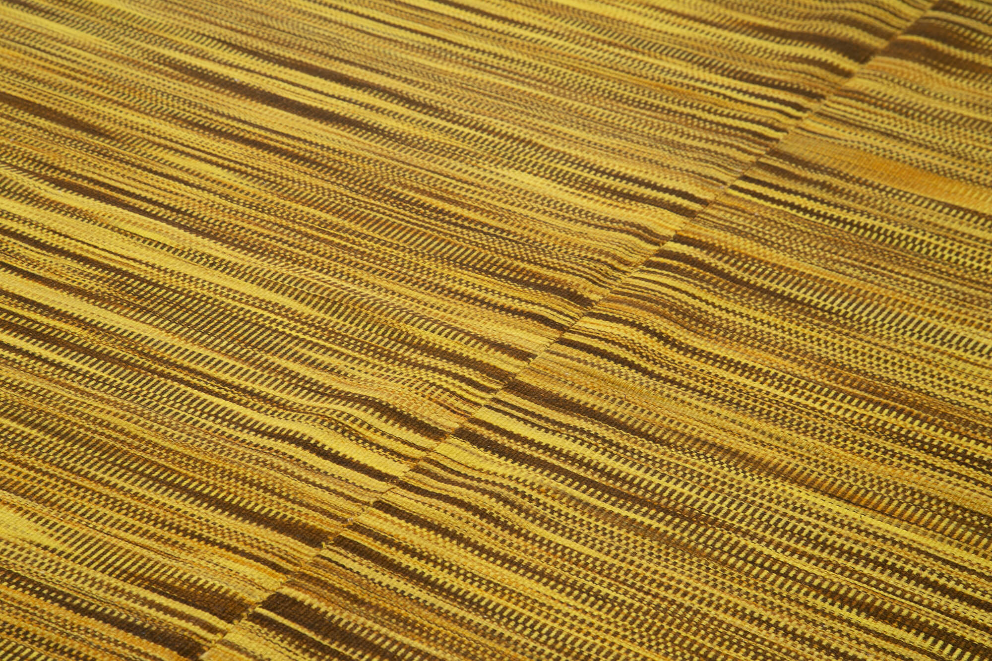 Handmade Cotton Wool Rug – Yellow Striped Kilim, Vintage Turkish Carpet, 6'11''x12'1''