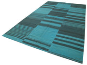 Handmade Area Rug - Turquoise Striped Rug 6x11 Cotton Wool Blend Kilim