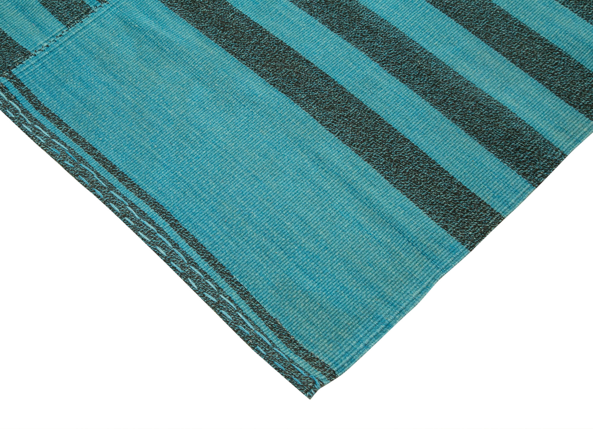 Handmade Area Rug - Turquoise Striped Rug 6x11 Cotton Wool Blend Kilim