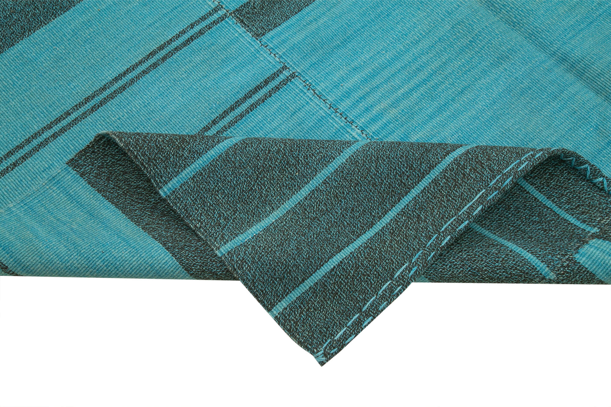 Handmade Area Rug - Turquoise Striped Rug 6x11 Cotton Wool Blend Kilim