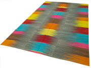 Handmade Cotton Wool Rug - White Striped Turkish Kilim Carpet 6'11''x11'1''