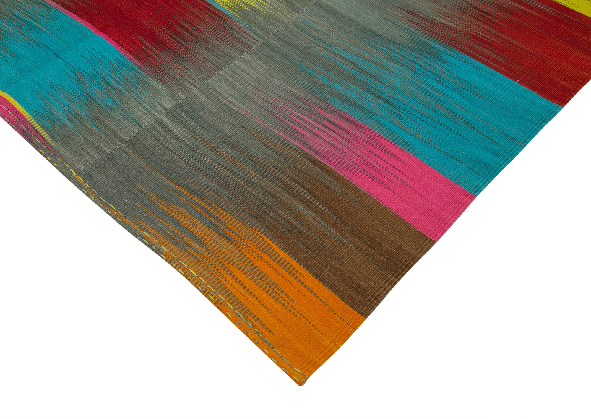 Handmade Cotton Wool Rug - White Striped Turkish Kilim Carpet 6'11''x11'1''