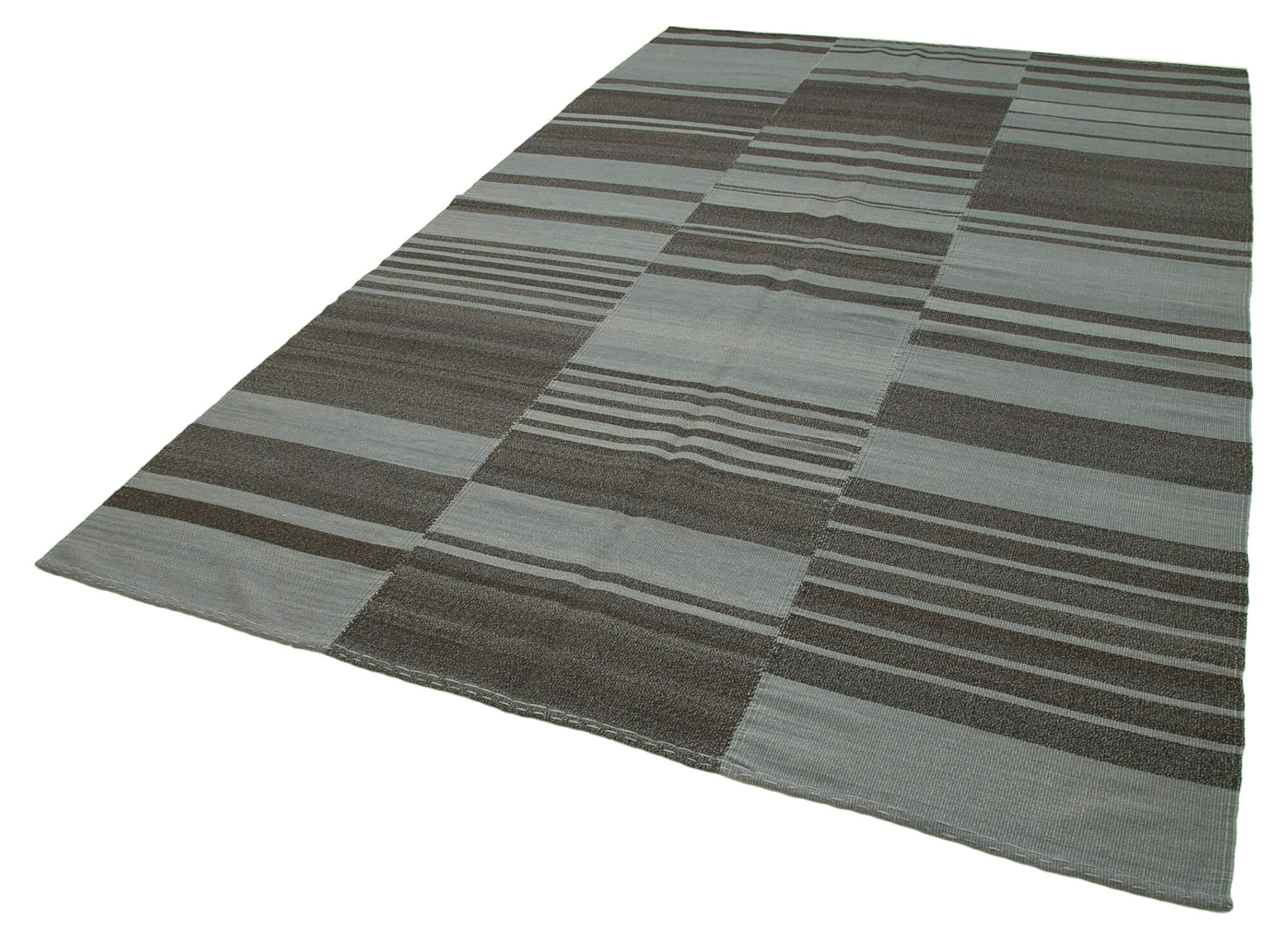 Handmade Wool Area Rug – Grey Striped Kilim Cotton Wool Rug 7x10 Feet