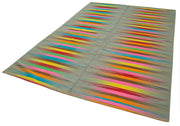 Handmade Cotton Wool Rug – White Striped Turkish Kilim Carpet 6'8" x 9'8"