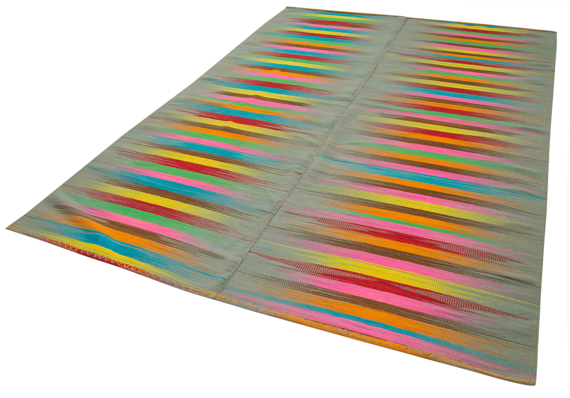 Handmade Cotton Wool Rug – White Striped Turkish Kilim Carpet 6'8" x 9'8"