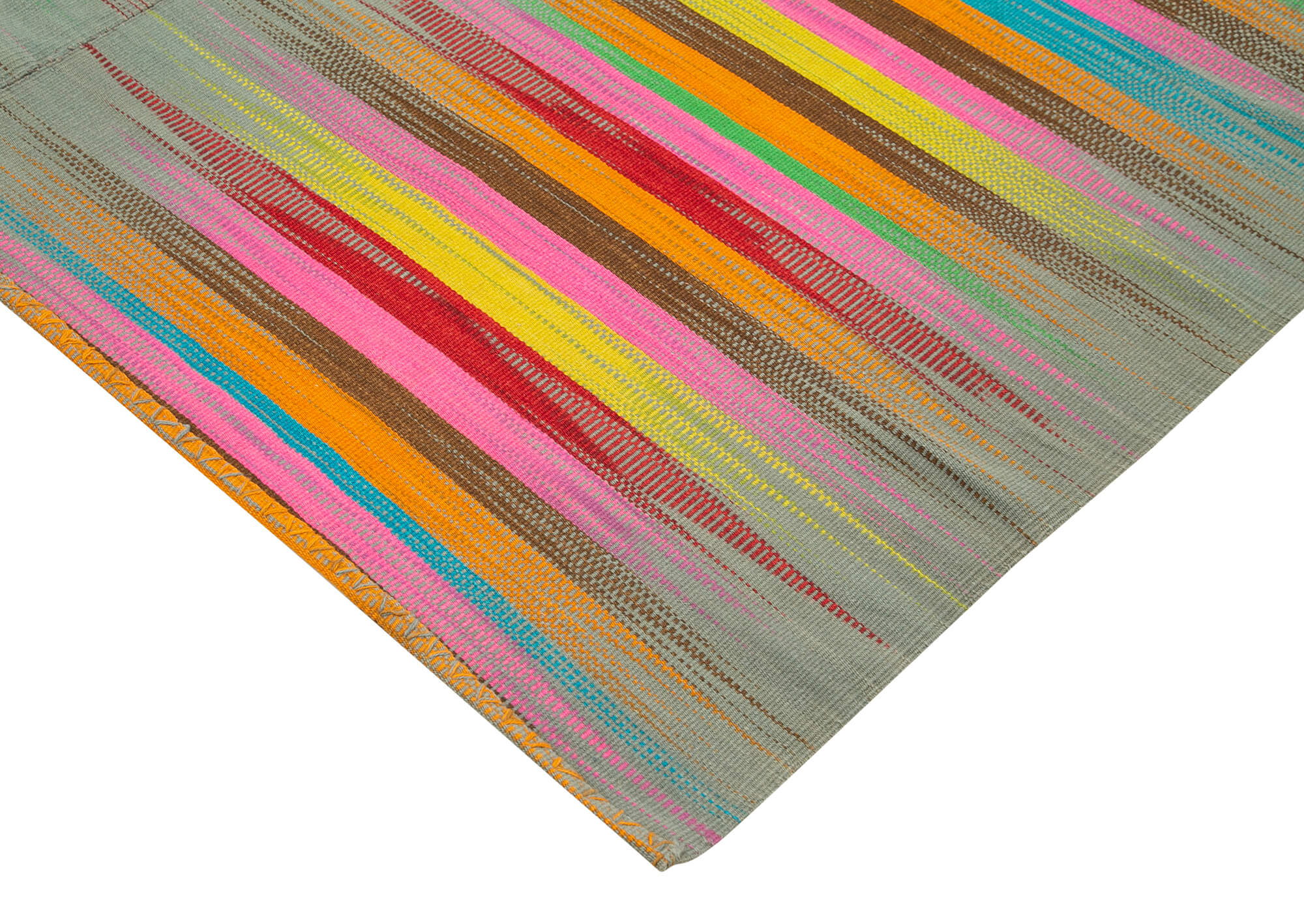 Handmade Cotton Wool Rug – White Striped Turkish Kilim Carpet 6'8" x 9'8"