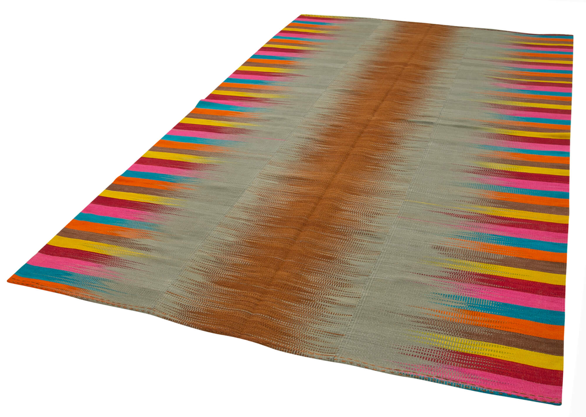 Handmade Cotton Wool Rug – White Striped Vintage Turkish Kilim Carpet 6'11''x10'4''