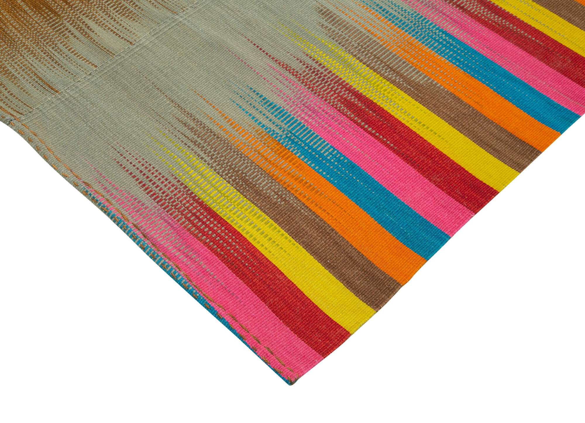 Handmade Cotton Wool Rug – White Striped Vintage Turkish Kilim Carpet 6'11''x10'4''