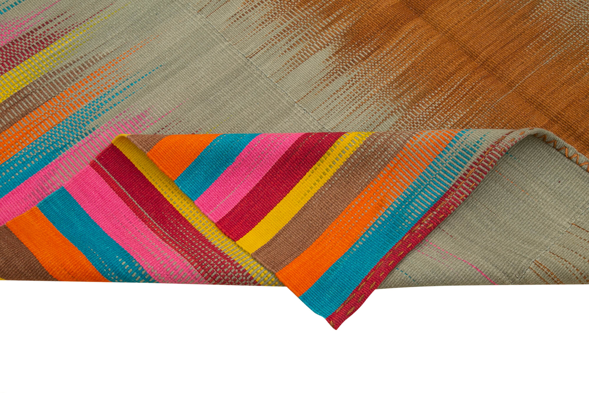 Handmade Cotton Wool Rug – White Striped Vintage Turkish Kilim Carpet 6'11''x10'4''