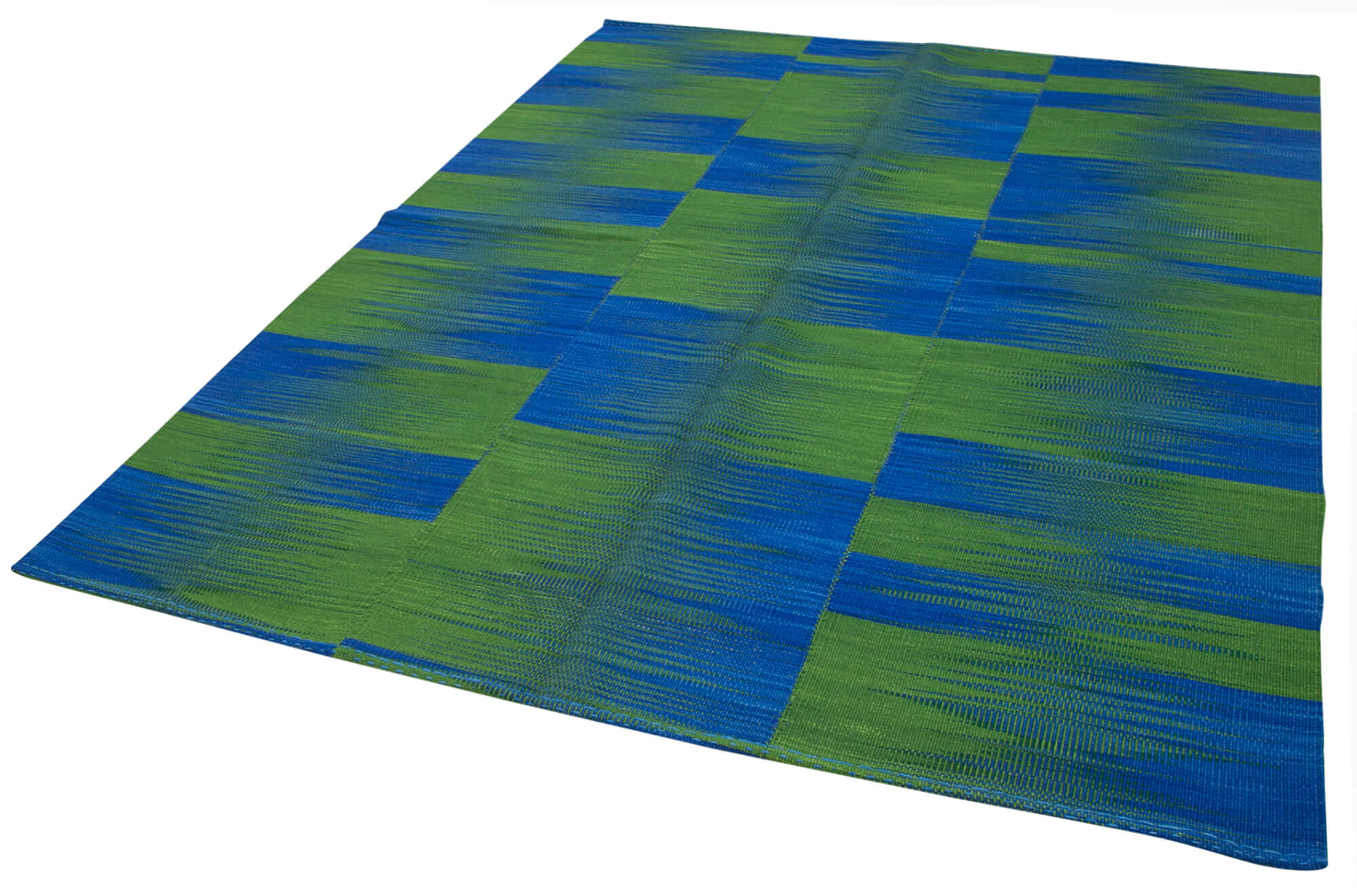Handmade Area Rug – Blue Striped Kilim Cotton Wool Vintage Carpet 6'11''x8'4''