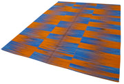 Handmade Area Rug - Orange Striped Kilim Cotton Wool Blend, 6'9''x9'1''