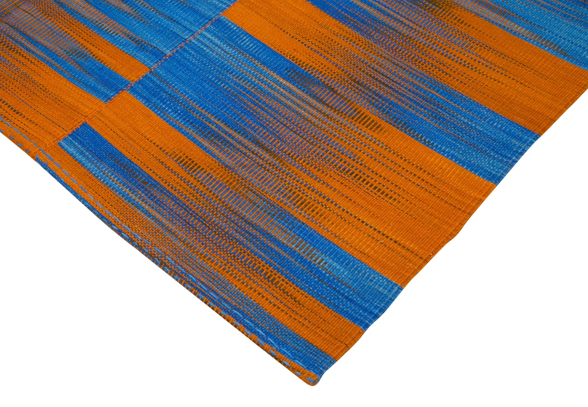 Handmade Area Rug - Orange Striped Kilim Cotton Wool Blend, 6'9''x9'1''