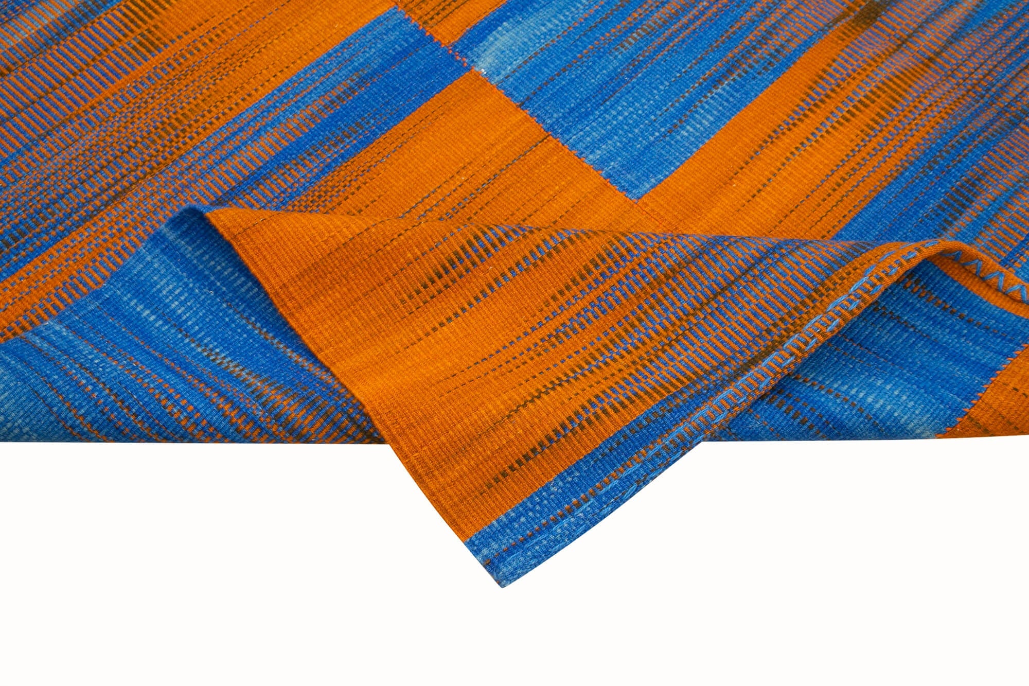 Handmade Area Rug - Orange Striped Kilim Cotton Wool Blend, 6'9''x9'1''