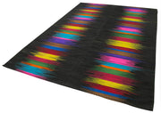 Handmade Cotton Wool Rug - Black Striped Traditional Kilim Rug 6'8" x 9'7"