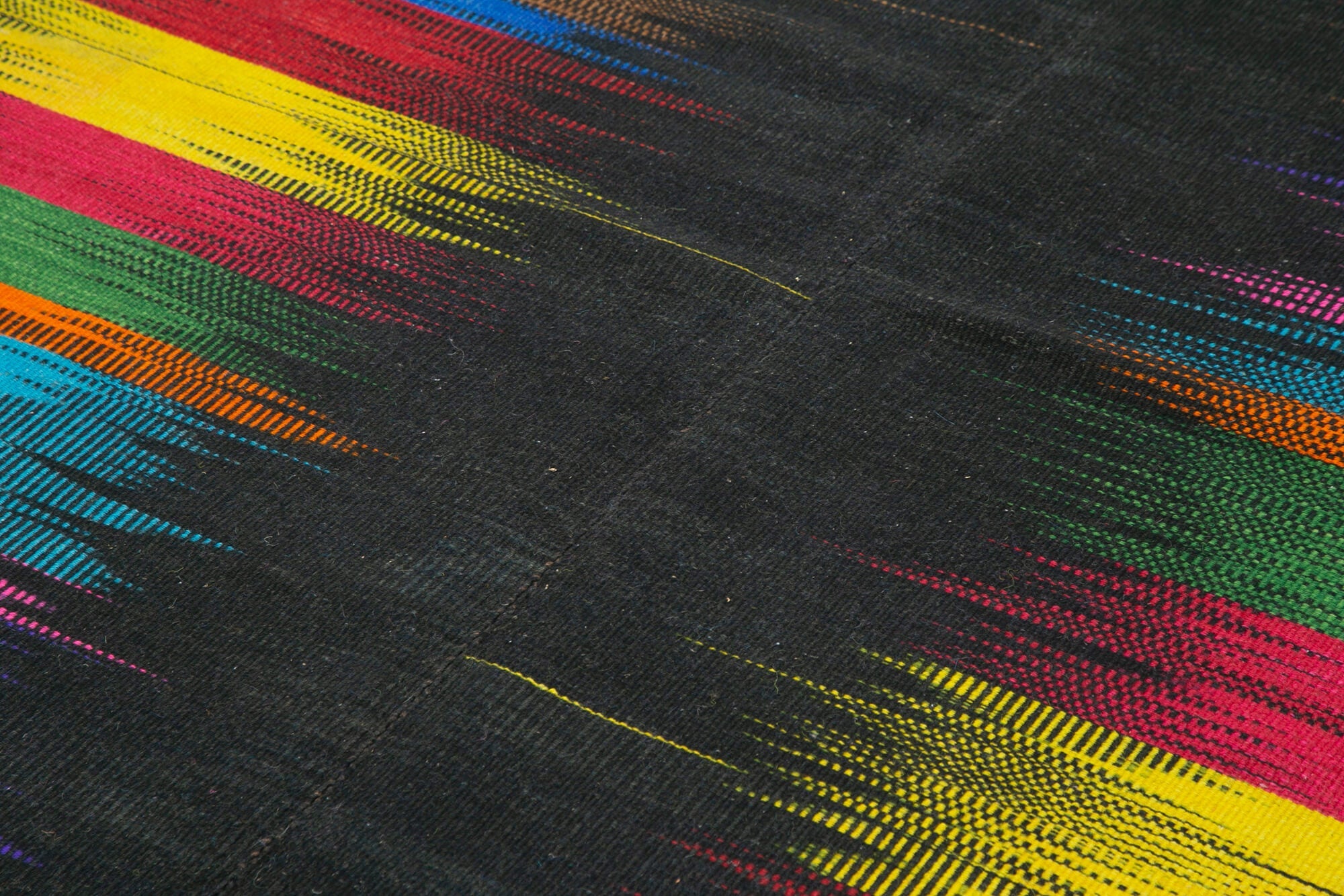 Handmade Cotton Wool Rug - Black Striped Traditional Kilim Rug 6'8" x 9'7"