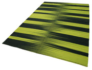 Handmade Area Rug - Green Striped Kilim Cotton Wool Vintage Carpet 5'11''x8'8''