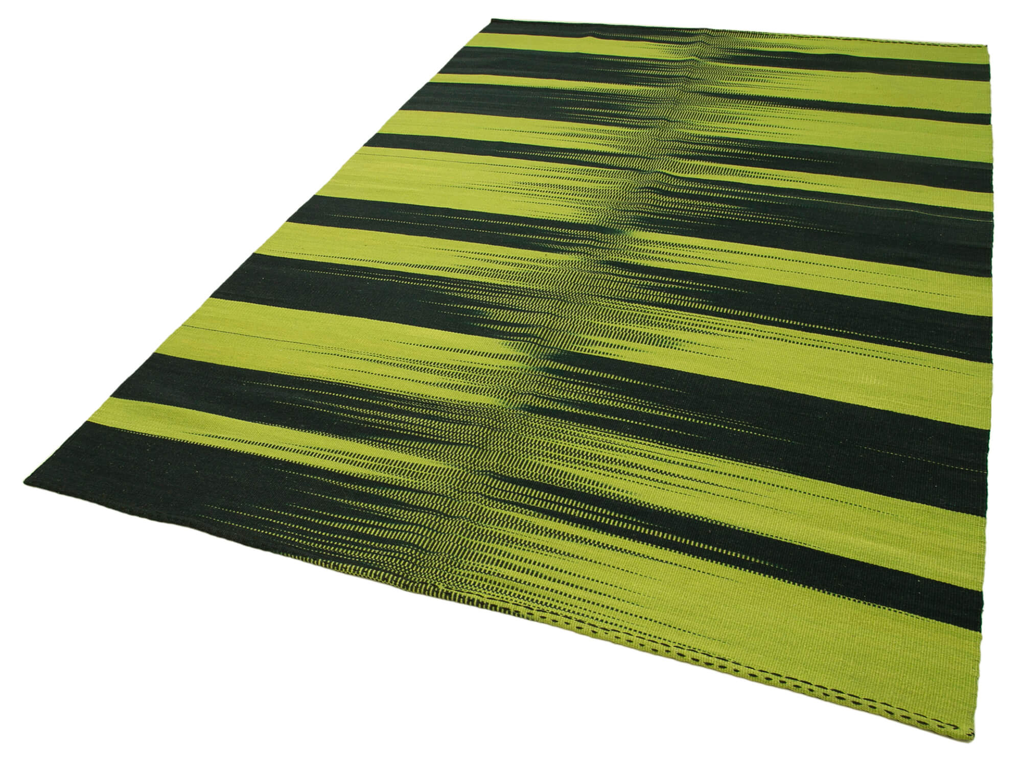 Handmade Area Rug - Green Striped Kilim Cotton Wool Vintage Carpet 5'11''x8'8''